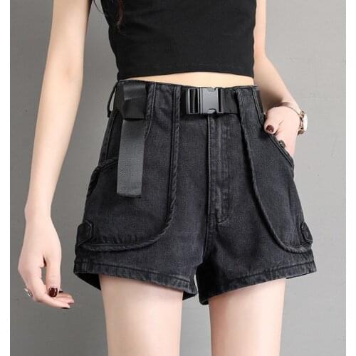 Women Pants Summer Denim Shorts Vintage Loose Wide Leg Black Jeans High Waist Short Trousers Casual