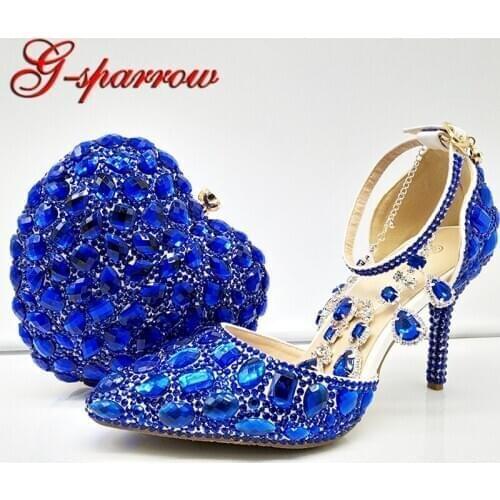 Royal Blue Women Crystal Bridal Dress Shoes with Handbag Heart Shape Beautiful Crystal Ankle Straps Wedding Shoes Matching Purse