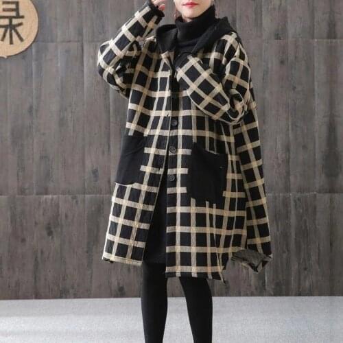 Plus Size Plaid Vintage Parkas Irregular Hooded Jackets 2021 Autumn Winter Coat Casual Oversized Ladies Hoodies Outerwear Female
