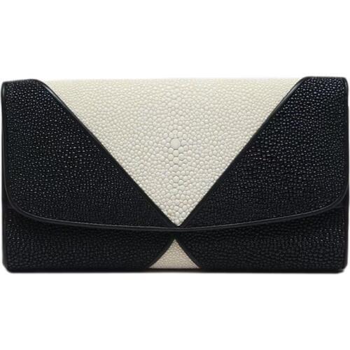 Chic Black White Style Authentic Stingray Skin Womens Long Wallet Genuine Leather Lady Large Card Holders Female Clutch Purse