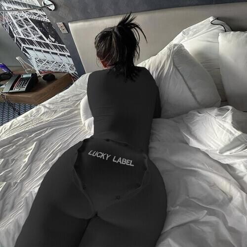 Buttons Appliques Patched Lucky Label Jumpsuit Women One-Piece Outfits Club V-Neck Skinny Elastic Solid Casual Streetwear