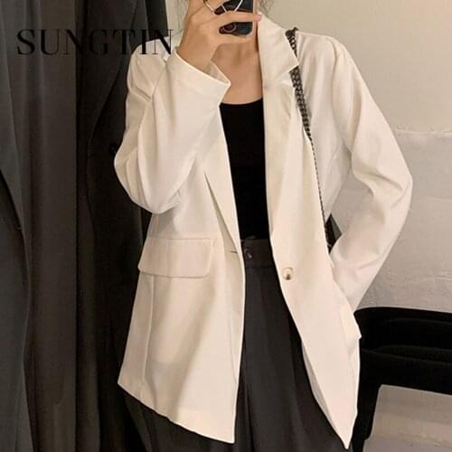 Sungtin Korean Office Ladies Blazer Women Elegent Fashion Casual Loose Style Female Blazer Jacket White 2021 Autumn Chic Tops