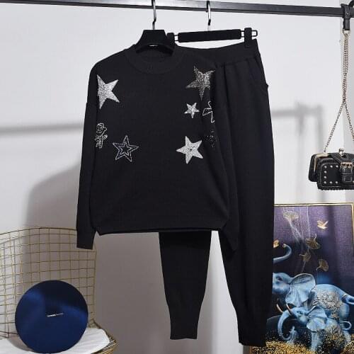 Autumn Winter New Sweater Set Women Sequins Tassels Star Loose Long Sleeve Knit Sweater + Casual Pants Two Piece Set Women Tide