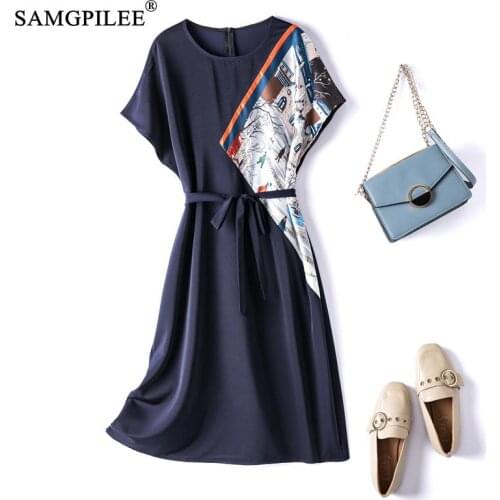 Summer Women Clothing 2021 New Office Lady A-line Print Raglan Short Sleeve Sashes Knee-length Empire O-neck Woman Dresses 4XL