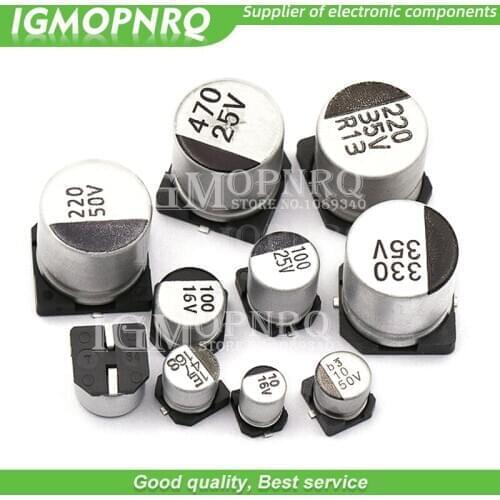 10pcs SMD 6.3V 10V 16V 25V 35V 50V Aluminum Electrolytic Capacitor 1UF 2.2UF 10UF 22UF 33UF 47UF 100UF 220UF 330UF 470UF 1000UF