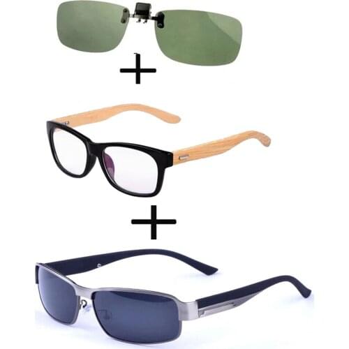 3Pcs!!! Comfortable Wooden Squared Frame Reading Glasses for Men Women + Alloy Polarized Sunglasses Pillot + Sunglasses Clip
