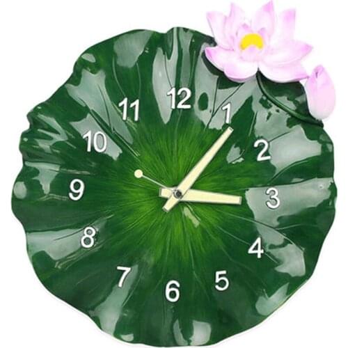 3D creative art green lotus wall clock modern design mute kitchen clock art neoclassical mute retro resin wind wall clock