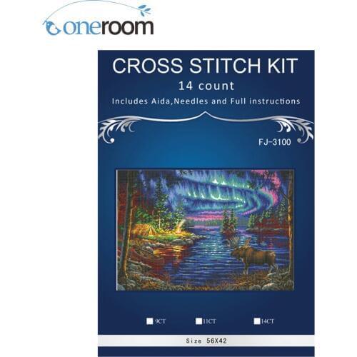 FJ-3100 Top Quality Beautiful Counted Cross Stitch Northern Night Aurora Polar Light Deer Lake House Blue Night DIM 35312