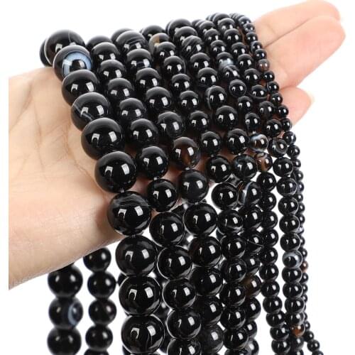 15"Strand Natural Stone Beads Smooth Black Striped Agates Round Loose Beads For Jewelry Making Necklace Bracelet 4-12mm