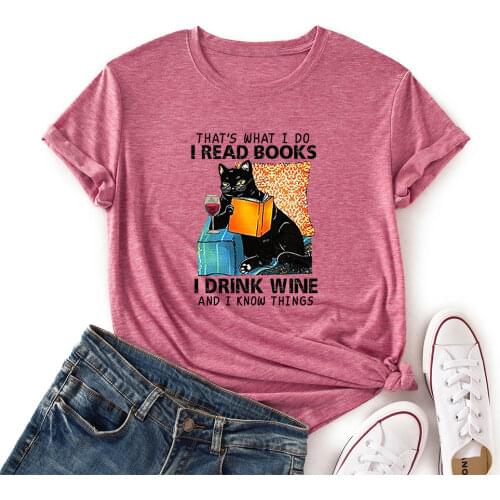 Black Cat Thats What I Do I Read Books Shirt Women Short Sleeve T-Shirt Summer Graphic Tee Shirts Female Clothes Tops Best Gift