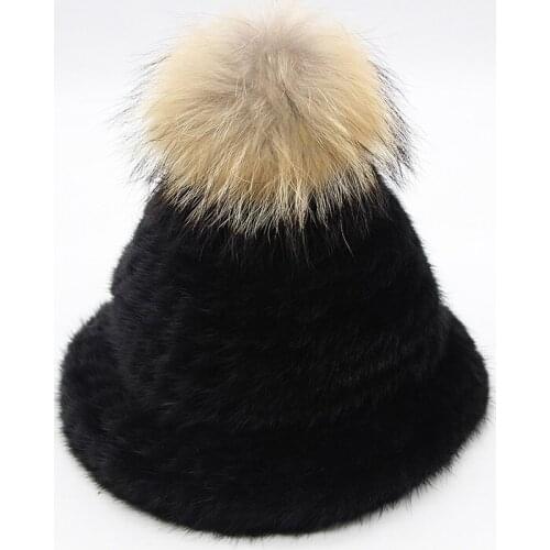 JKP 2018 Womens Hooded Cap Leather Mink Cap Natural Raccoon Fur Fluffy Winter Fur Sling Hat Woman Fashion Otter Hat