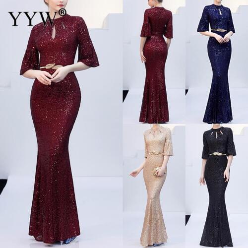 Red Sequined Luxury Evening Dress Women Half Sleeve Hollow Mermaid Long Party Dress Bodycon Elegant Prom Gown Sexy Club Dresses