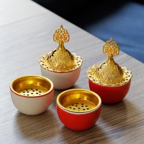 Middle Eastern Arabian Cute Small Incense Burner With Cover Golden Metal Ceramic Tabletop Incense Holder Creative Home Decor