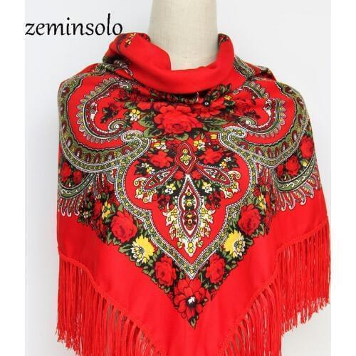 Fashion Square Cotton Scarf Scarves For Women Russian Tassels Foral Printed Scarves Blanket Shawls Hijab Handkerchief Bandana