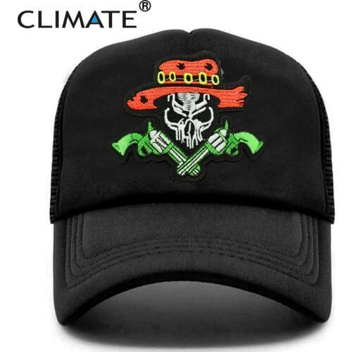 CLIMATE West Cowboy Men Trucker Cap Cool Skeleton Pistol Gun Skull Cap Summer Black Baseball Caps Mesh Cap Hat for Men