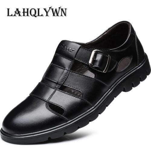 Men Sandals Leather Black Brown Male Summer Shoes Breathable Hard-Wearing Hollow Men Shoes H186