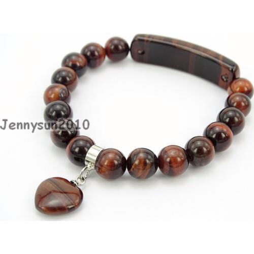 Natural Red Tigers Eye Gems Stone Heart Bar Round Beads Stretchy Bracelet Healing Reiki Chakra 5Strands / Pack