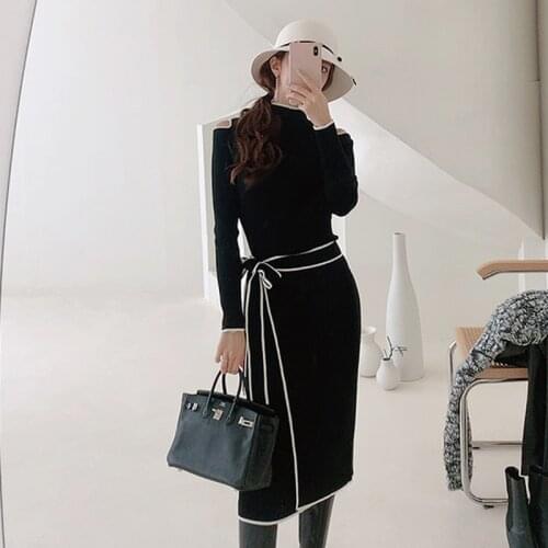 2021 New Autumn Clothing Style High collar Long Sleeve Frenulum Dress style Fashion Slim Fit Medium-length knitting Dress