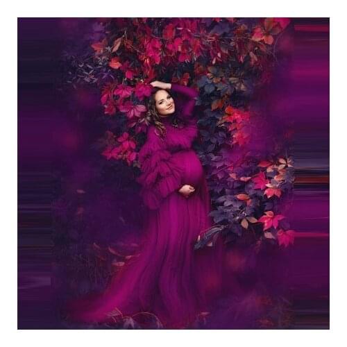 Charming Muslim Maternity Dresses For Photo Shoot Long Sleeves Puffy Sleeves High Neck Plus Size Tulle Pregnancy Dress