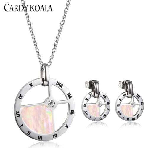 New fashion Roman numerals necklace earrings jewelry set Pink seashell stainless steel jewelry set for women