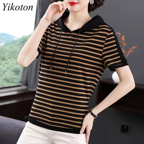 Casual Women T-Shirt Hooded Fashion Short Sleeve Korean Striped Slim Basic Cotton Tshirt Womens Clothing Summer T Shirts Femme