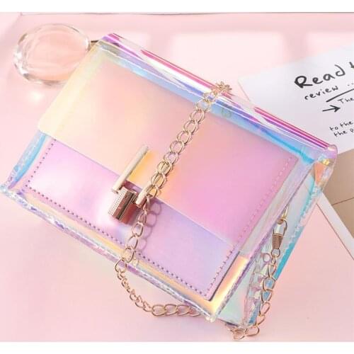 BESTOYARD Women Transparent Handbag Colorful Chain Bags Rainbow Purses Clear Jelly Mini Bag (Pink)
