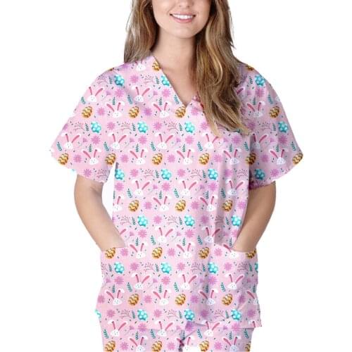 Working Nurse Uniform Tops V Neck Cute Animal Pattern Print T-shirts Short Sleeve Easter Nuring Tops for Women Mukoti Yunifomu