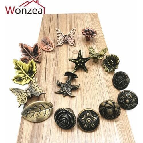 Vintage Furniture Handle Drawer Single Knobs Kitchen Cupboard Cabinet Pulls Door Handle Leaf Starfish butterfly Antique Bronzed