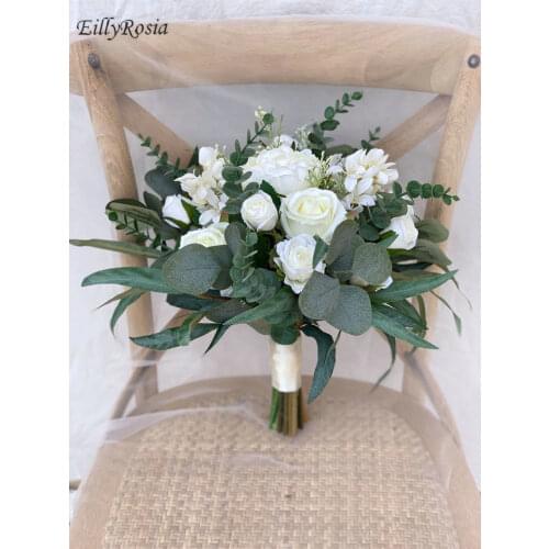 EillyRosia Rustic Bridal Bouquet Wedding Flowers Artificial White Roses Eucalyptus Ivory Silk Ribbon Elegant Brides Bouquet