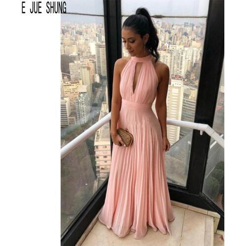 E JUE SHUNG Elegant Pink Evening Dresses O Neck Backless Ruched Chiffon Prom Gowns Keyhole Formal Dresses vestidos de fiesta