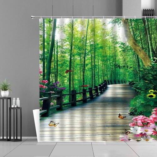 Green Bamboo Forest Spring Scenery Shower Curtains Flowers Plant Wooden Bridge Window Zen Landscape Bathroom Curtain Home Decor