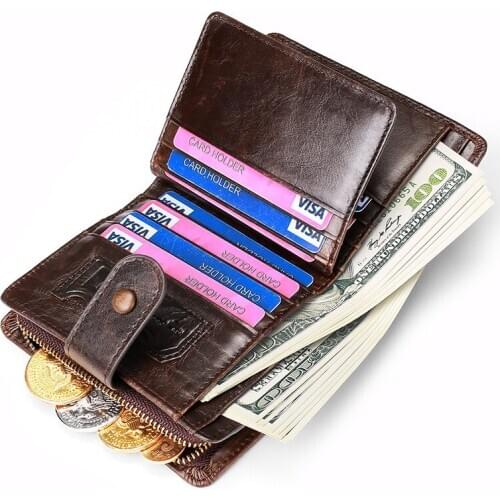 Vintage Genuine Leather Mens purse Large Capacity Mens wallets Multi slots Small wallet Zipper Hasp Mens business card holder