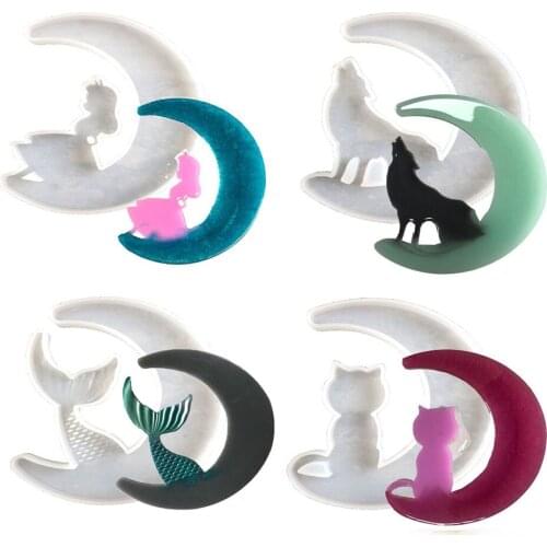 Crystal Epoxy Resin Mold Girl on the Moon Mermaid Wolf Cat Mirror Pendants Casting Silicone Mould Handmade DIY Craft Making Tool