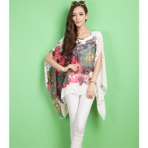 New Fashion Womens Summer Top Loose Chiffon Tops Floral Kaftan Poncho Blouse Shirt Bat Sleeve Wild Fashion Round Neck Top