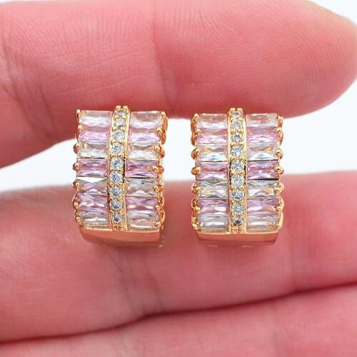 Gold Color Women Luxury White Pink Cubic Zirconia CZ Huggie Hoop Earrings Jewelry
