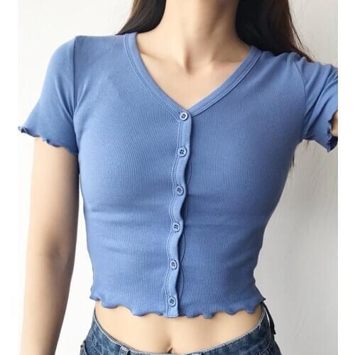 Women V Neck Button Up Rib Top With Frill Trimming