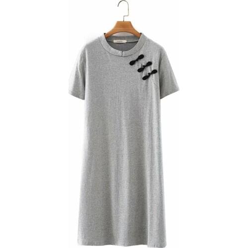 Plus size black gray Chinese style button women dresses 2021 new summer casual ladies short sleeve cotton dress female pullovers