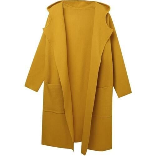 2020 New Autumn Winter Yellow Knitted Overcoat Korean Style Women Loose Hooded Sweater Long Cardigan Coat