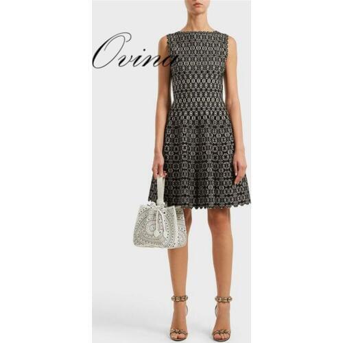 Top Quality Celebrity Black Jacquard Sleeveless O Neck A Line Rayon Bodycon Bandage Dress Women Dress