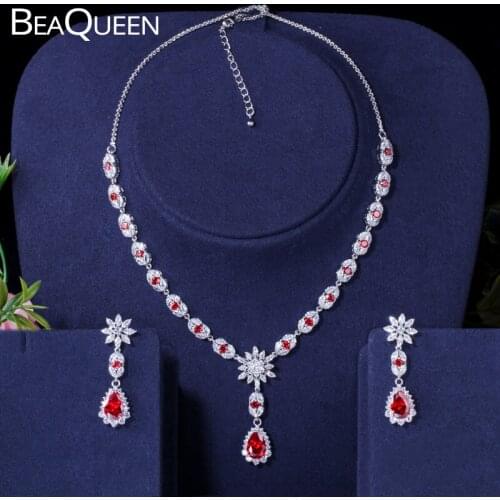 BeaQueen Beautiful Red Cubic Zirconia Flower and Water Drop Wedding Bridal Adjustable Necklace Earrings Jewelry Sets JS178