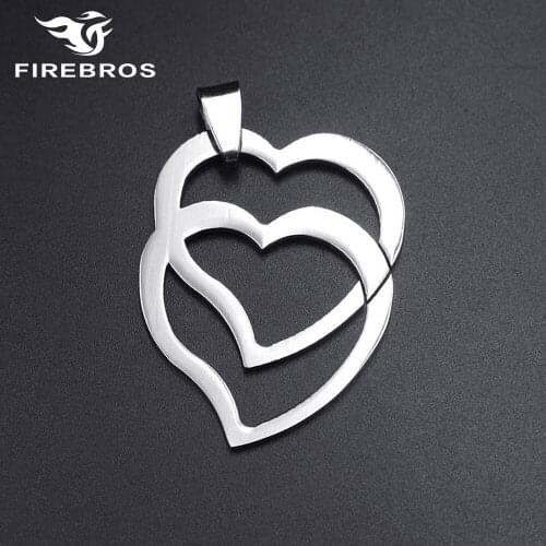 FIREBROS Free Bead Chain 20/24" Silver Color High Polished Stainless Steel Double Hearts Pendant Necklace Women Jewelry Gift