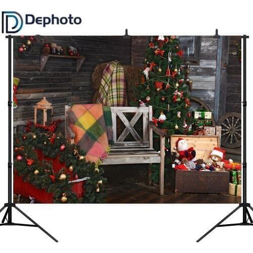Dephoto Christmas Photographic Backdrops Straw Doll Wheel bench blanket Christmas Tree Gift Theme Photography Background