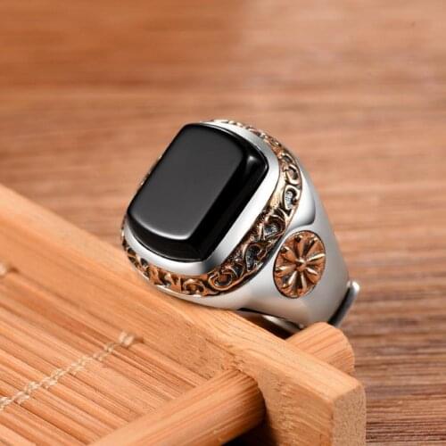 Designer multi-faceted craftsmanship silver inlaid black agate open adjustable ring elegant noble creative retro silver jewelry