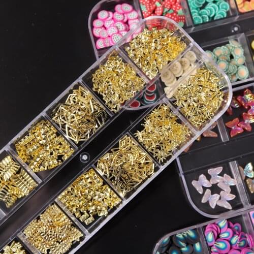 JK 12 Shapes 1 Box Metal Nail Studs Gold 3D Punk Triangle/ Square/ Rivet Gems Nail Art Jewel 12Nail Charm Kit 3D Nail Art Jewely