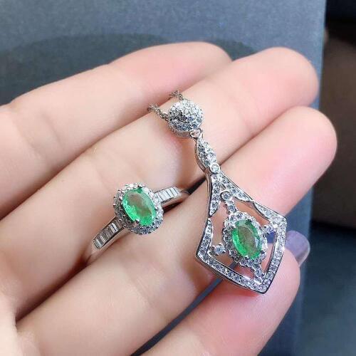 Real Natural Emerald jewelry set Natural Real Emerald 925 sterling silver 1pc pendant,1pc ring