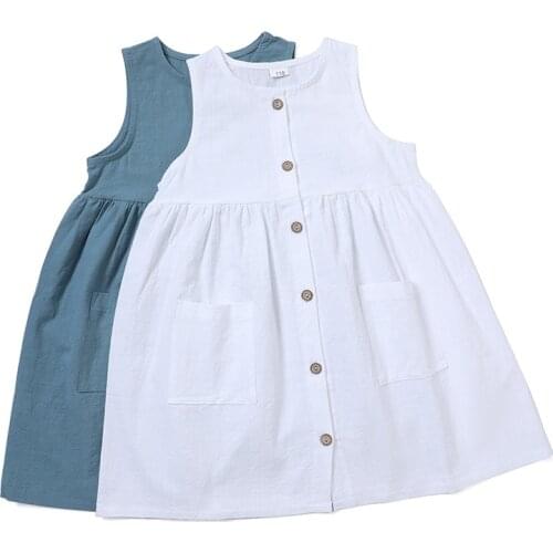Summer New Girl Button Cotton And Linen Dress Childrens Solid Color Sleeveless Casual Pocket Pleated Dresses WT010