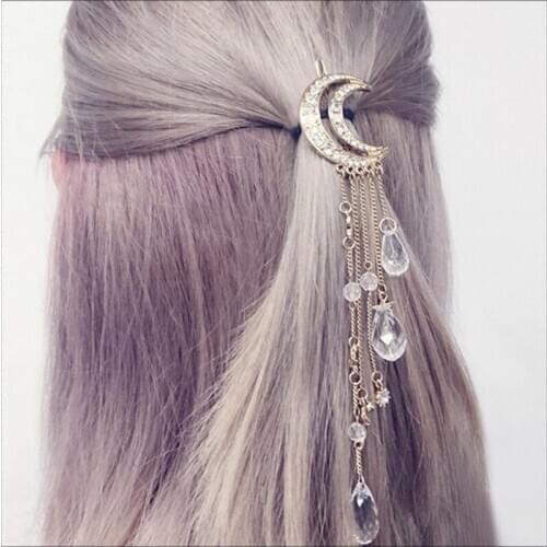Fashion Cute Women Lady Moon Rhinestone Crystal Tassel Long Chain Beads Dangle Hairpin Hair Clip Hair Jewelry Accessories