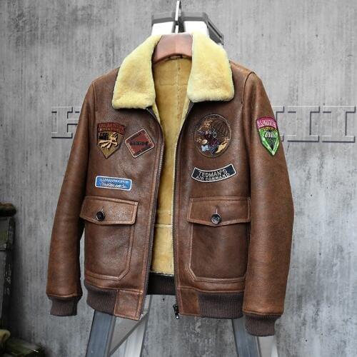 Mens Shearling Jacket Short Leather Jacket Mans Brown Sheepskin Aviator Fur Coat Lambs Fur Outerwear Flight Jacket