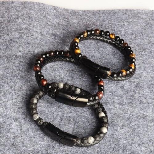 Mens Stainless Steel Magnetic Buckle Tiger Eye Bracelet Natural Stone Beaded Mens Bracelet Black Leather Jewelry Gift