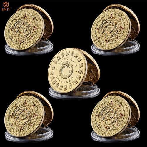 5Pcs Ancient Mexican Mayan Culture Prediction Calendar Gold Plated Color Souvenir Copy Coin Collectibles And Gifts